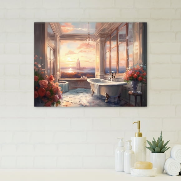 Designart Large Bathroom Wall art, Soaking in the Tub with a View of New York City , Bathroom Floral Wall art decor, White Modern Canvas wall art, 32x16 inches