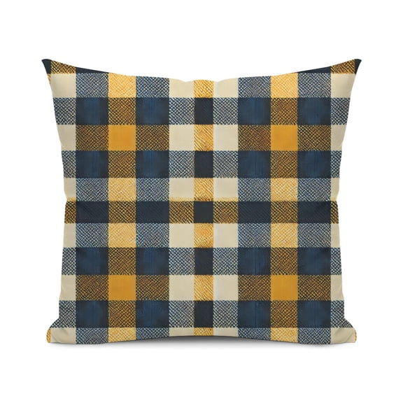 Navy Blue and Yellow Plaid Pattern Minimalist Print Design Throw Pillow Cover, 18x18