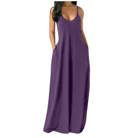

Fashion Women Plus Size Solid Sleeveless O-Neck Pockets Camisole Long Dress