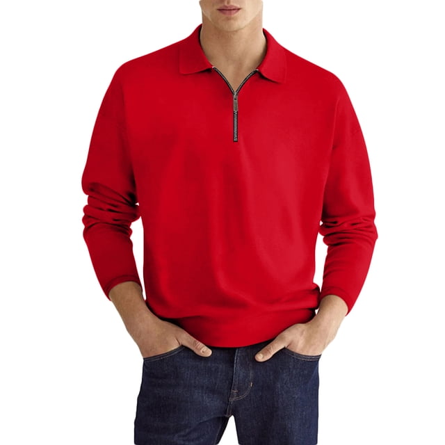 Birdeem Mens Solid Color Sport Shirt with Zip-Up Lapel Long Sleeve Lapel Top/Shirt