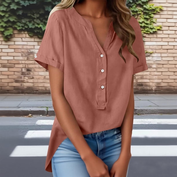 TaTaai Summer V Neck Casual Top, Women's Half Button Open Front Design, Linen Inspired Short Sleeve Solid Color Shirt Gift