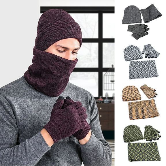 Dress Choice Men Winter Beanie Hat Scarf Touchscreen Gloves Set Soft Thick Beanie Gloves Neck Warmer Set with Warm Knit Fleece Lined for Outdoor Camping and Hiking