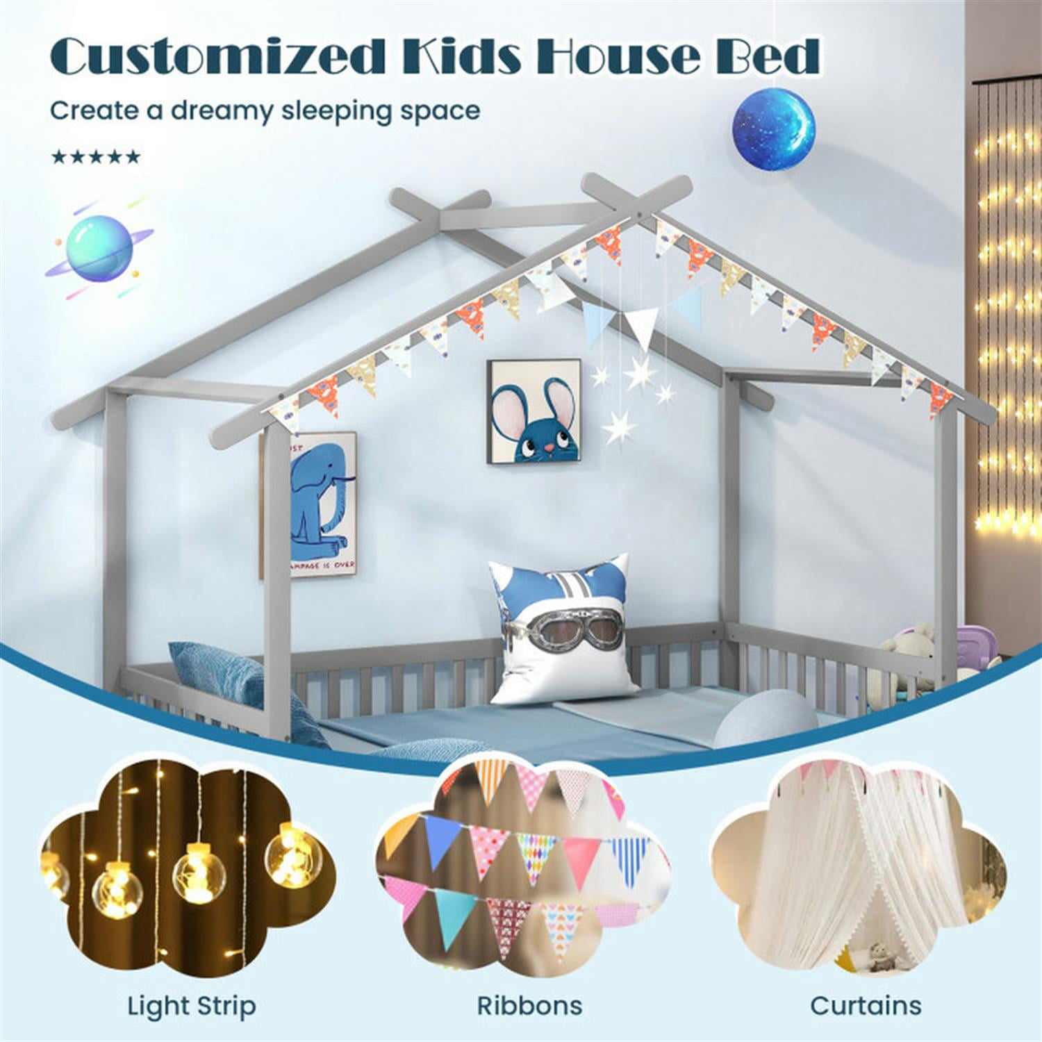 Demi Bonn Extendable House Bed Twin to King Daybed with Roof and Fence Rails, Modern Platform Bed Frames for Teens, Gray