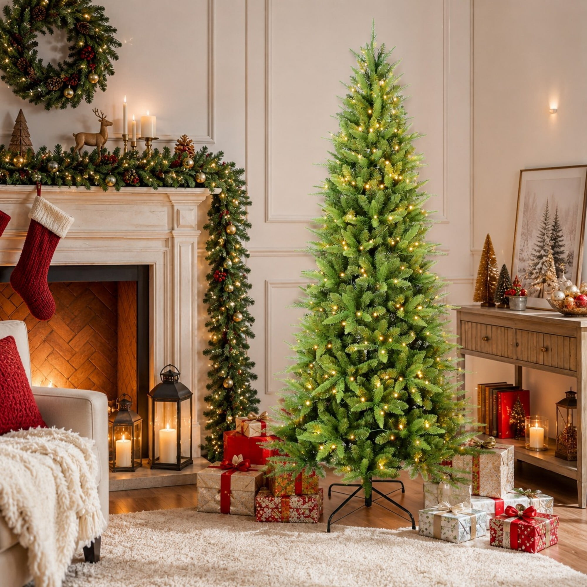 DEALTOPS 6 FT Pre-Lit Slim Christmas Tree with 300 Warm White LED Lights and 850 Realistic PE/PVC Tips
