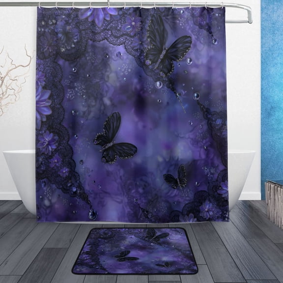 TTYFWHD 60" x 72" Shower Curtain and Bath Mat Set Mysterious Flowerbed and Butterflies Waterproof Bathroom Curtain with 12 Hooks, Bathroom Decor Set