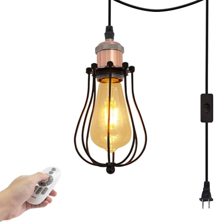 Kiven 1-Light Plug in Pendant Light,Industrial Hanging Light with 15FT Cord, Remote Control, Dimmable Ceiling Pendant Light, E26 Socket, Matte Black Finish