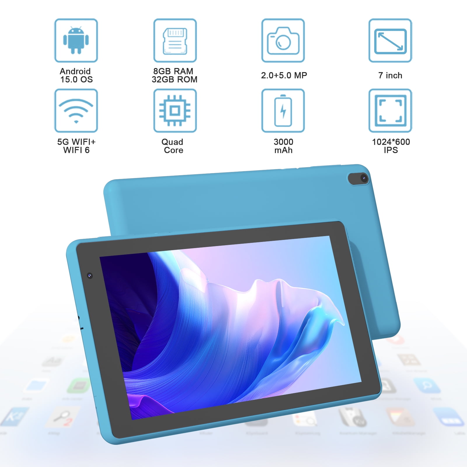 Tablet Android 15 Tablets 7 inch, 8GB RAM, 32GB ROM Support 1TB Expand Computer Tablet PC, Quad-Core Processor, IPS Touch Screen, 2+5MP Dual Camera, 3000mah Battery, WiFi Tableta, Navy