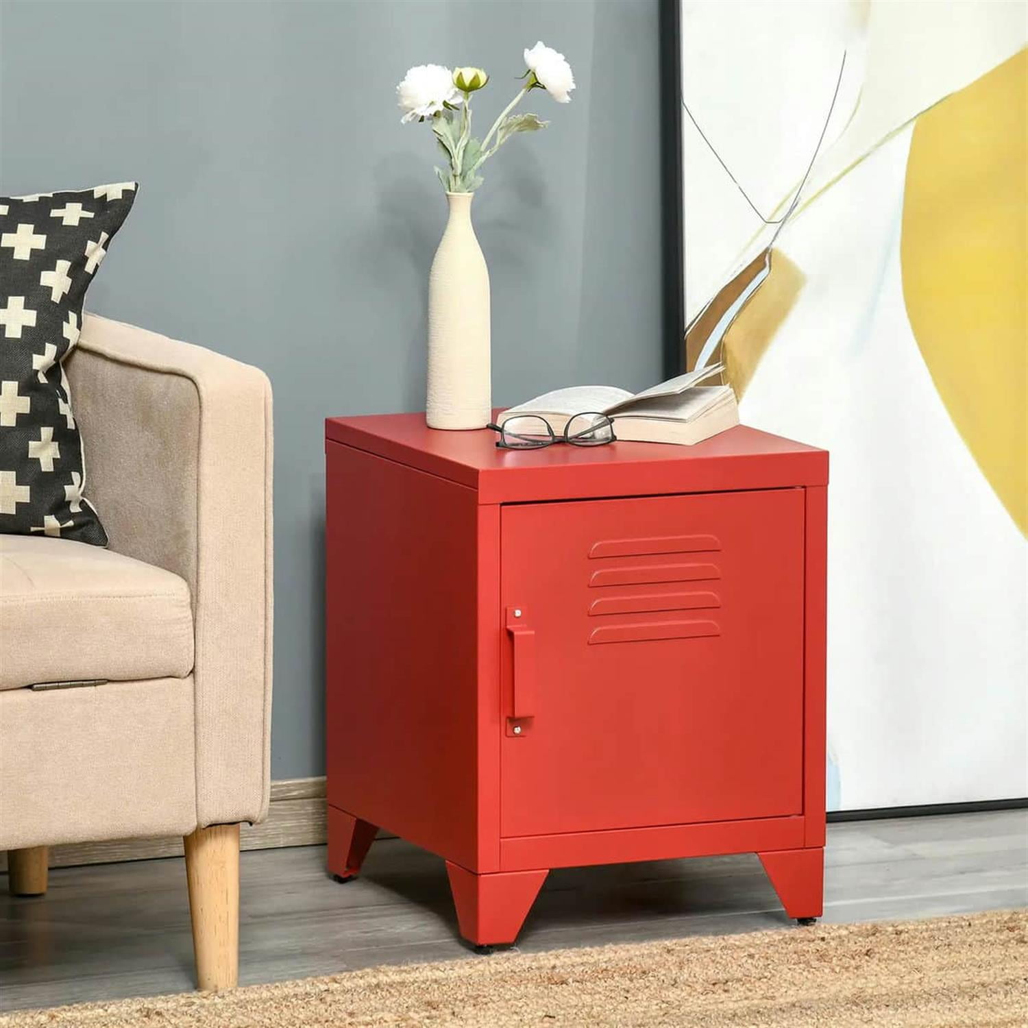Demi Bonn 19" Industrial Metal End Table, Rustic Living Room Side Table with Lockable Door and Adjustable Shelf for Home Decor, Red