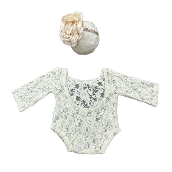 Newborns Lace Romper With Matching Headband, Lovely Flower Headwear with Long Sleeve Jumpsuits for Memorable Photos
