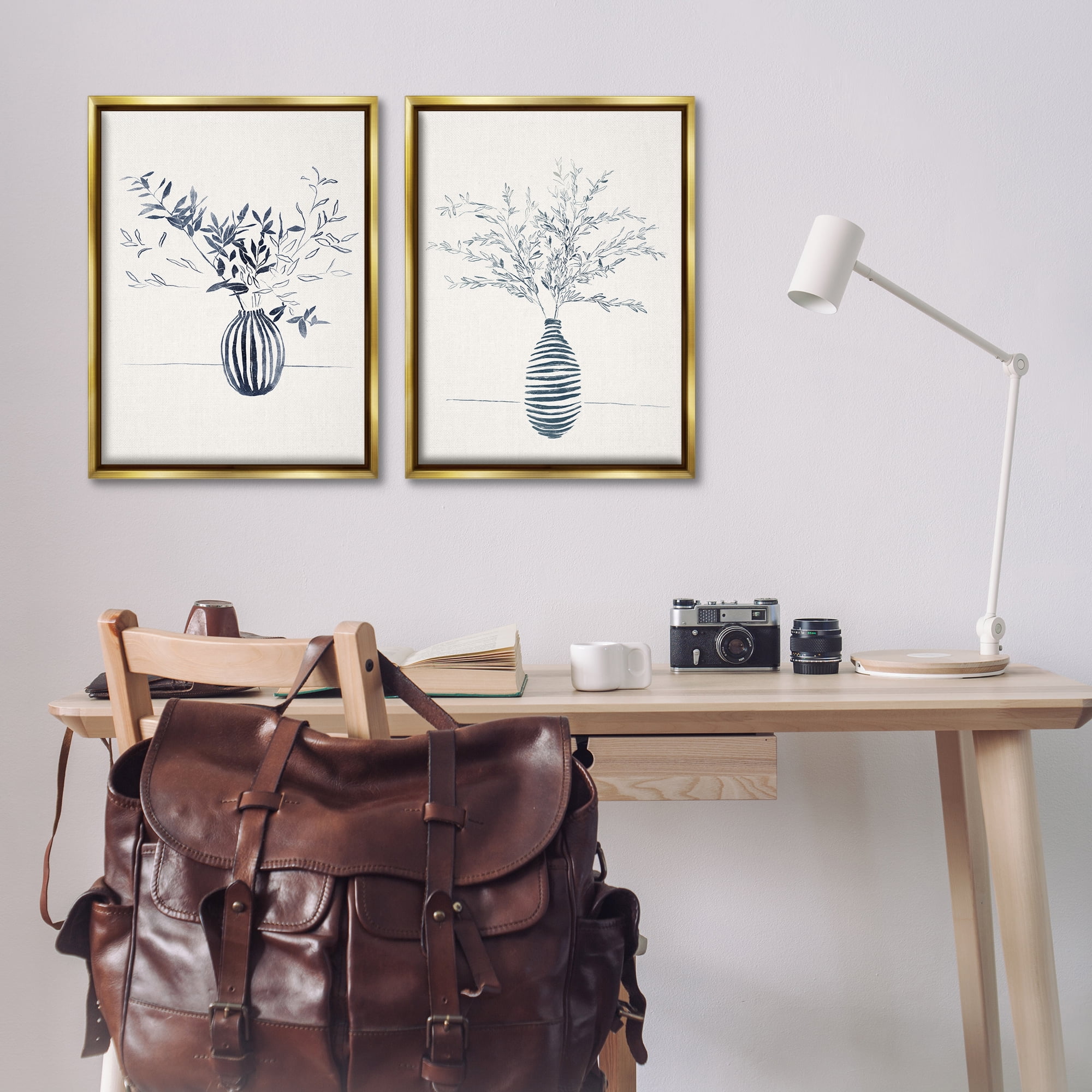 Stupell Industries Striped Floral Table Vase Plants & Flowers Drawing Gold Floater Framed Canvas Art Print Wall Art, 21 x 31, Set of 2