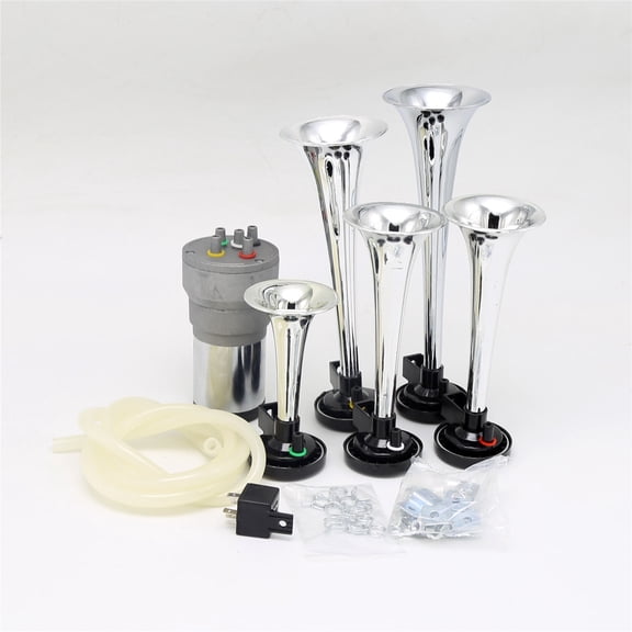 NAVOROGE 5pcs 12V 300DB CHROME COLOR LOUD 5 TRUMPET DIXIELAND MUSICAL AIR HORN