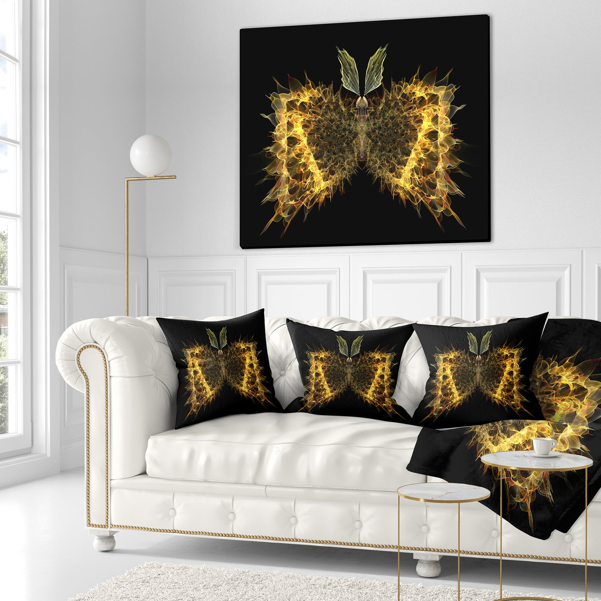 Designart Golden Fractal Butterfly in Dark - Abstract Throw Pillow - 16x16