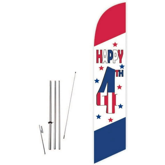 Cobb Promo Happy 4th Patriotic Feather Flag with Complete 15ft Pole kit and Ground Spike