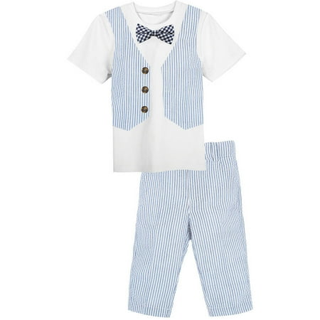 - Little Boys White Tee with Seersucker Vest and Pant Outfit Set, Available in Size 4-7