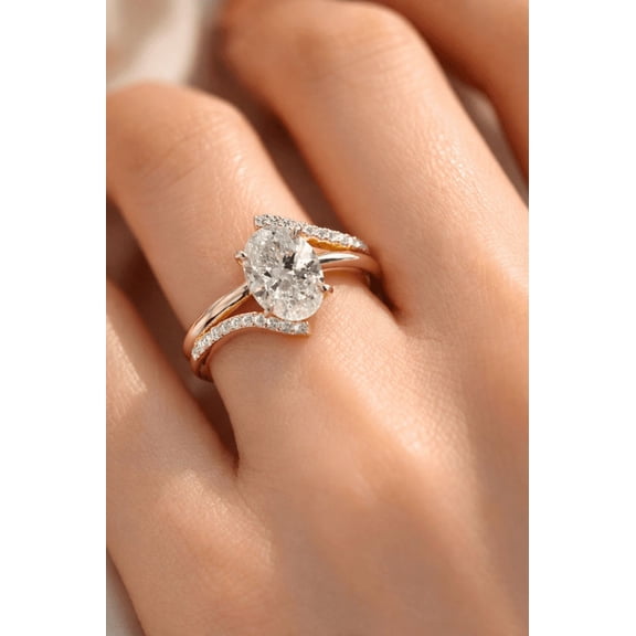 Jewelerix 2 Carat Oval Cut Moissanite Bypass Engagement Ring in 14K Yellow Gold Vermeil, Criss Cross Pavé Anniversary Ring