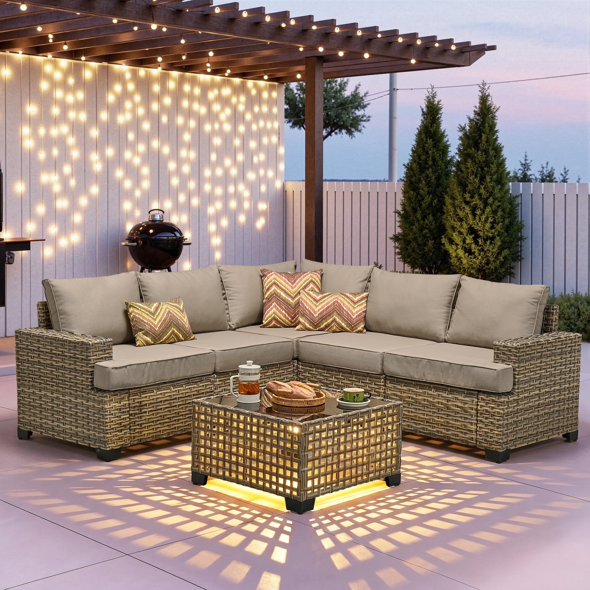 Ovios 6-Piece Outdoor Patio Furniture Set with Solar-Powered Lighted Coffee Table, All-Weather Wicker L-Shaped Sectional Sofa, Beige