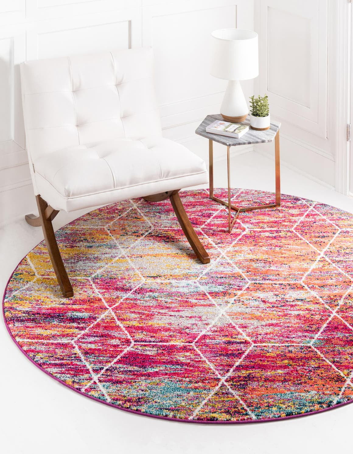 Unique Loom Geometric Trellis Frieze Rug Multi/Ivory 3' Round Trellis