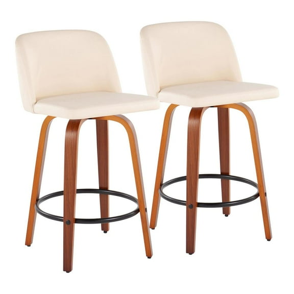 LumiSource Walnut Wood, Cream PU, Black Steel Toriano Fixed-Height Counter Stool - Set of 2