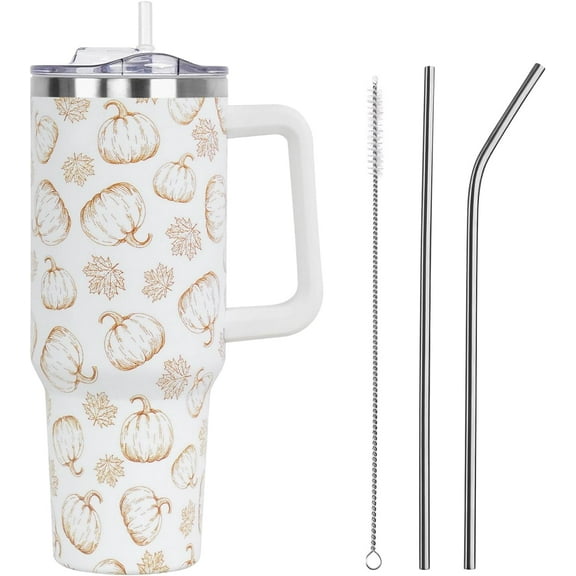 Fall Tumbler with Lid and Straw 40oz,Orange Pumpkin Maple Leaves Vacuum Autumn Insulated Leak Proof Tumbler,Farmhouse Cute Gifts Women Girls,Fall Accessories Stainless Steel Coffee Cup