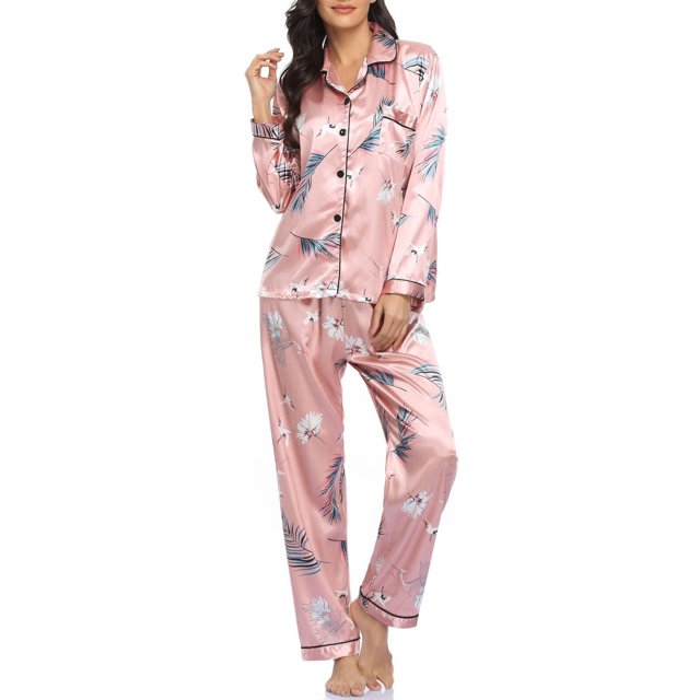 Conjunto de pijamas de mujer de manga larga de satén suave con cuello con muescas y botones