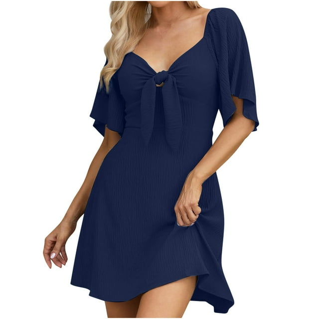 Yuyuzo Mini Robe pour Femmes à Volants Manches Courtes Robe Courte devant Col en V Nœud Papillon Robe d'Été Fluide
