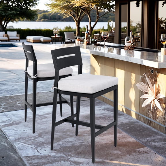 Outdoor Bar Stools 2PC Modern Aluminum with Ergonomic Backrest Sunbrella Cushion for Patio Poolside Kitchen Island | Ember Black | Aluminum