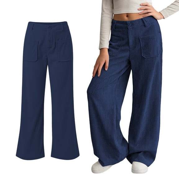 Girls Corduroy Pants Wide Leg Design with Pockets Vintage Baggy Pants High Waist Trousers for Girls Navy Uniform Pants Kids Preppy Clothes 5-6 Years