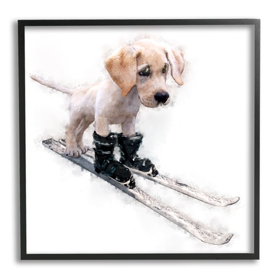 Stupell Industries Puppy Skiing Winter Pet Animals & Insects Painting Black Framed Art Print Wall Art