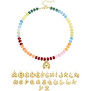 Women Colorful Natural Gemstone Beaded Initial Necklace, Handmade Bubble Letter Pendant Jewelry, Ideal Summer Beach Birthday Holiday Gift for Her
