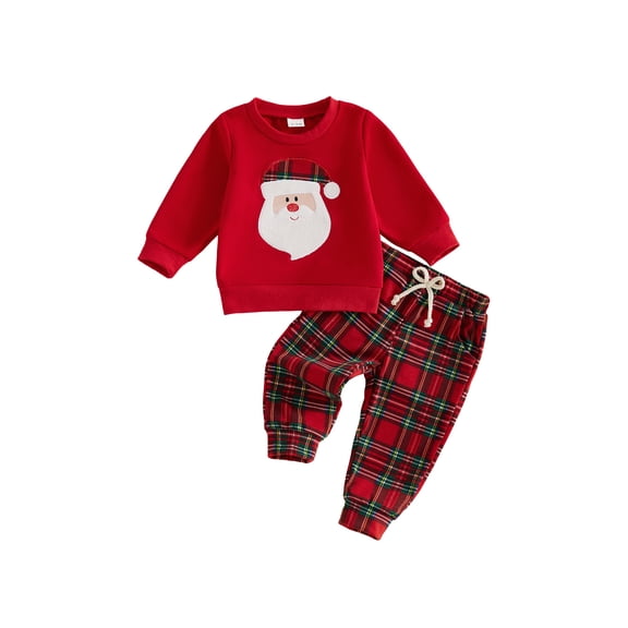 Loicainy Baby Toddler Boy Christmas Outfits 3 6 12 18 24 Months 2T 3T Santa Applique Long Sleeve Tops and Plaid Pants Clothes Set