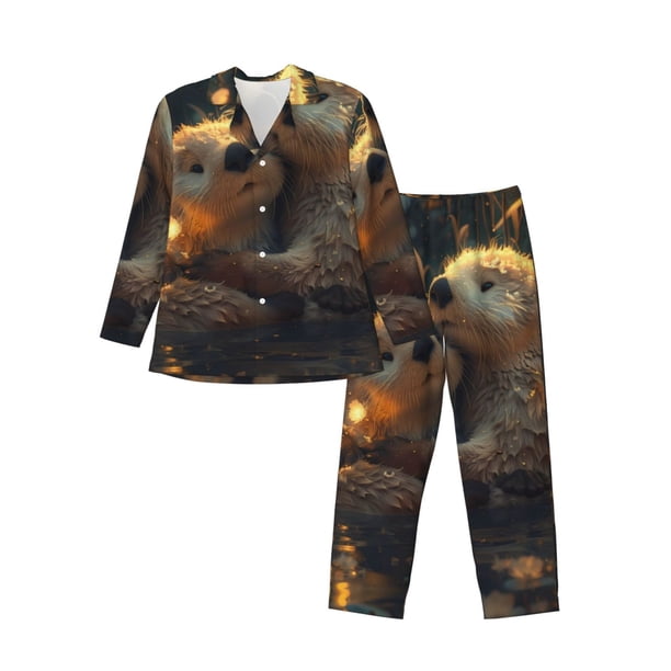 Balery Adorable Otter Pair Hug Pijama para Hombre de Dos Piezas con Manga Larga, Conjunto de Dormir y Descanso Suave con Bolsillos-Large