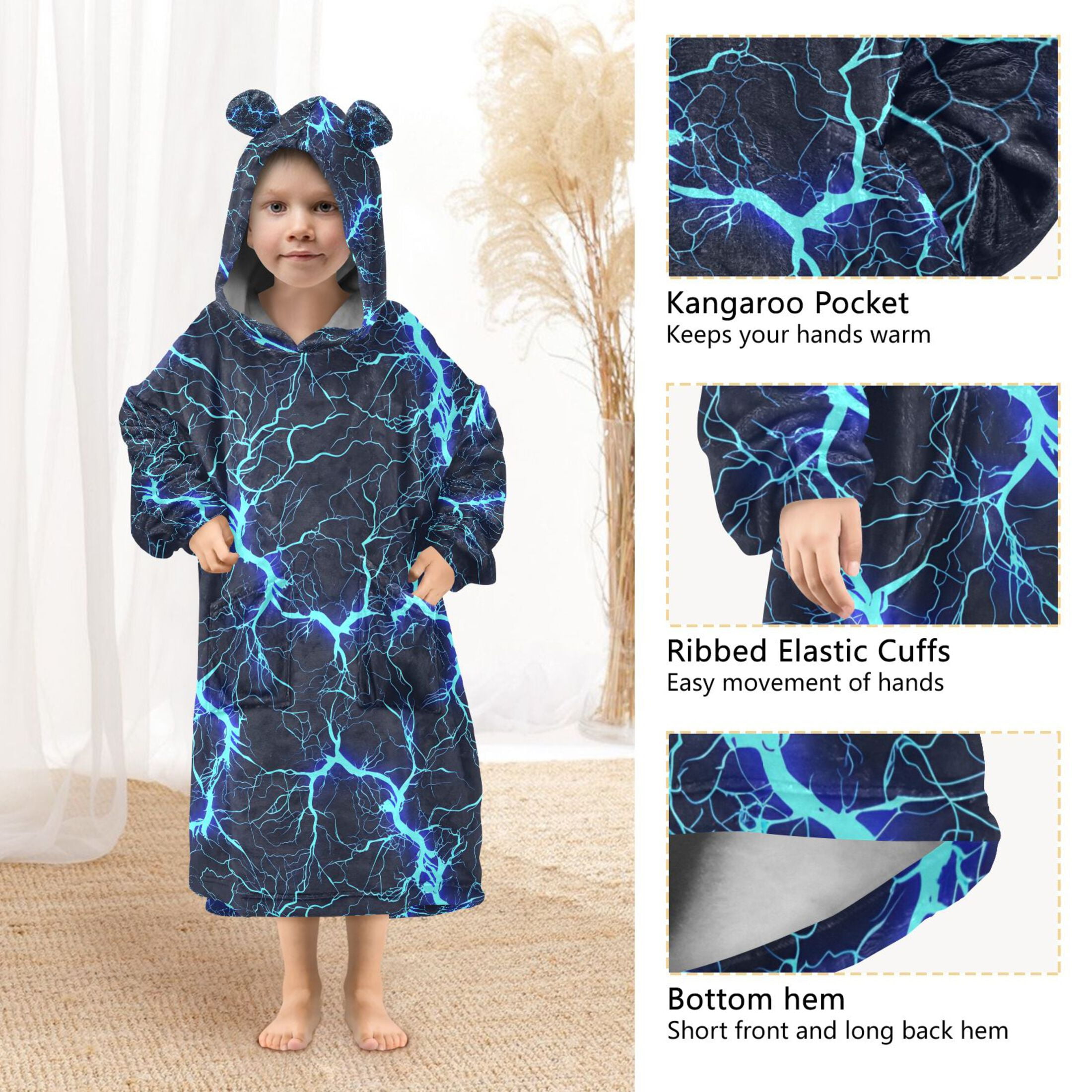 joogoo Wearable Blanket Hoodie for Blue Lightning Flannel Sherpa Pocket 3-14 YR S