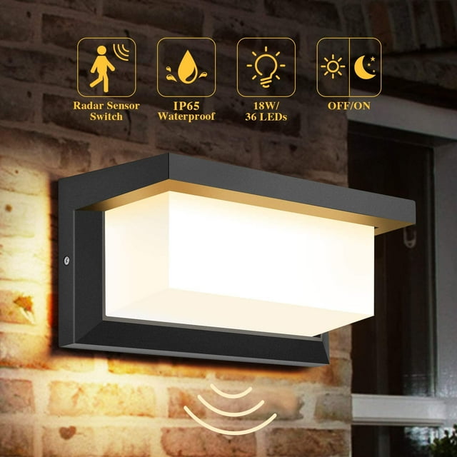 Aplique LED de pared para exterior con sensor de movimiento, 18 W, IP65, impermeable, cuadrado, negro, de inducción, para entrada, pasillo, camino, patio, balcón y garaje.