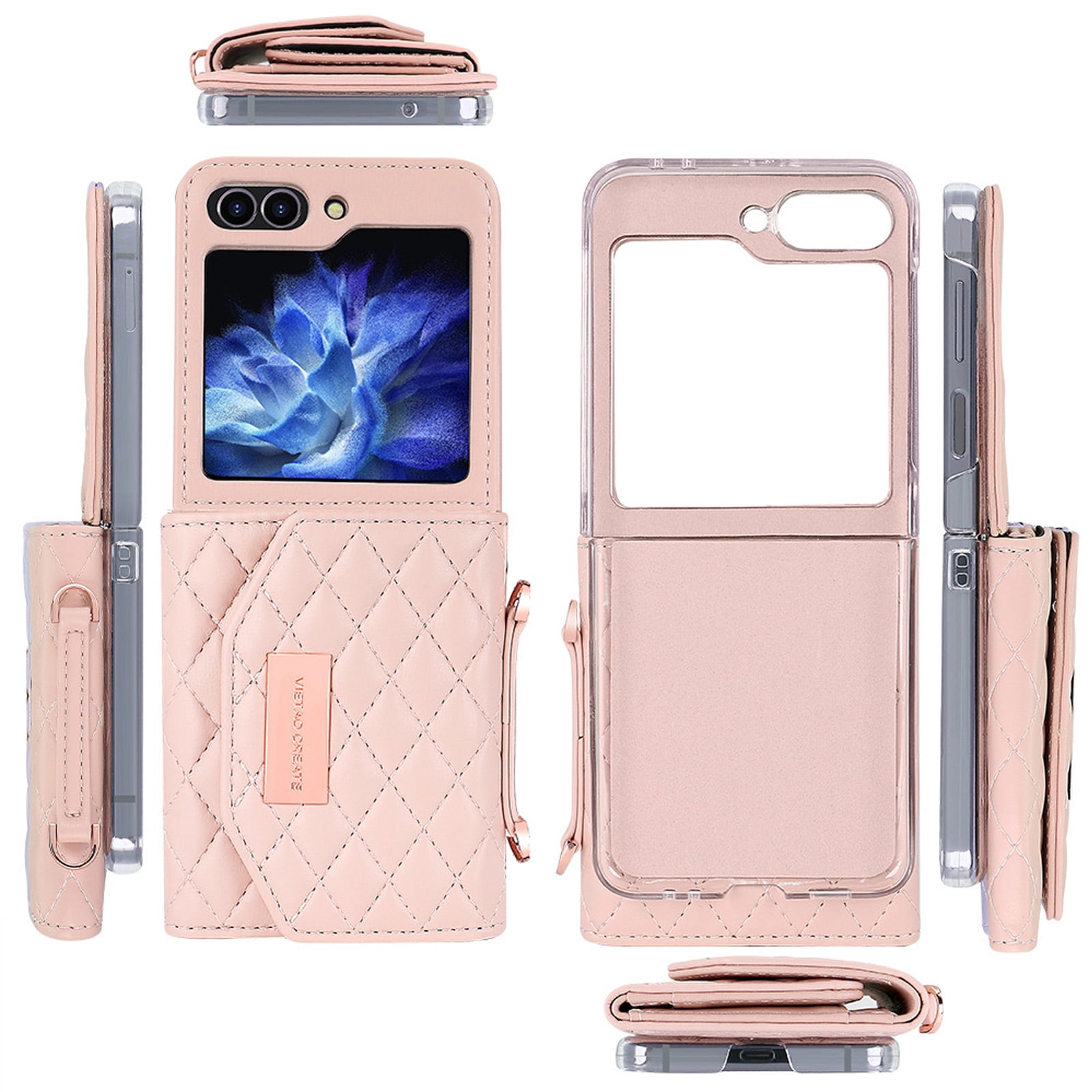 ELEHOLD Leather Wallet Case For Samsung Galaxy Z Flip 4, PU Leather Crossbody Strap Card Slots Drop Protective Phone Case Hinge Cover, Stand Feature, Pink