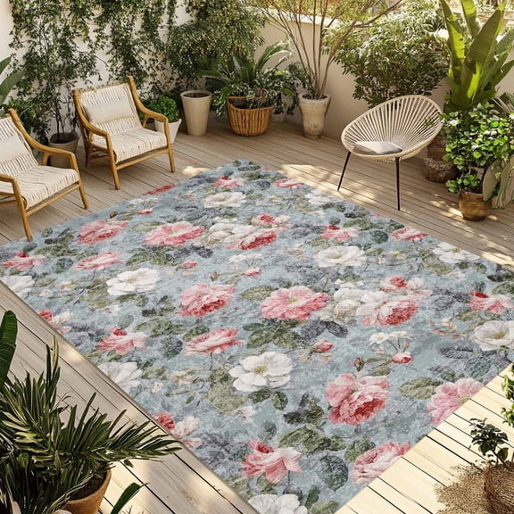Vintage Spring Floral Outdoor Rug for Patio/Deck/Porch, Non-Slip Large Area Rug 4 x 6 Ft, Summer Botanical Watercolor Indoor Outdoor Rugs Washable Area Rugs, Reversible Camping Rug Carpet Runner