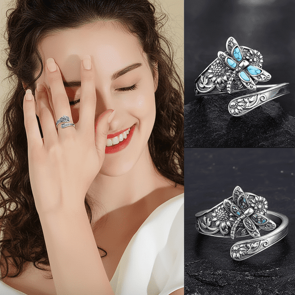 Boho Turquoise Adjustable Open Ring Vintage style Dragonfly Sunflower Women 925 Sterling Silver Ring Personalized Ring Jewelry Gift