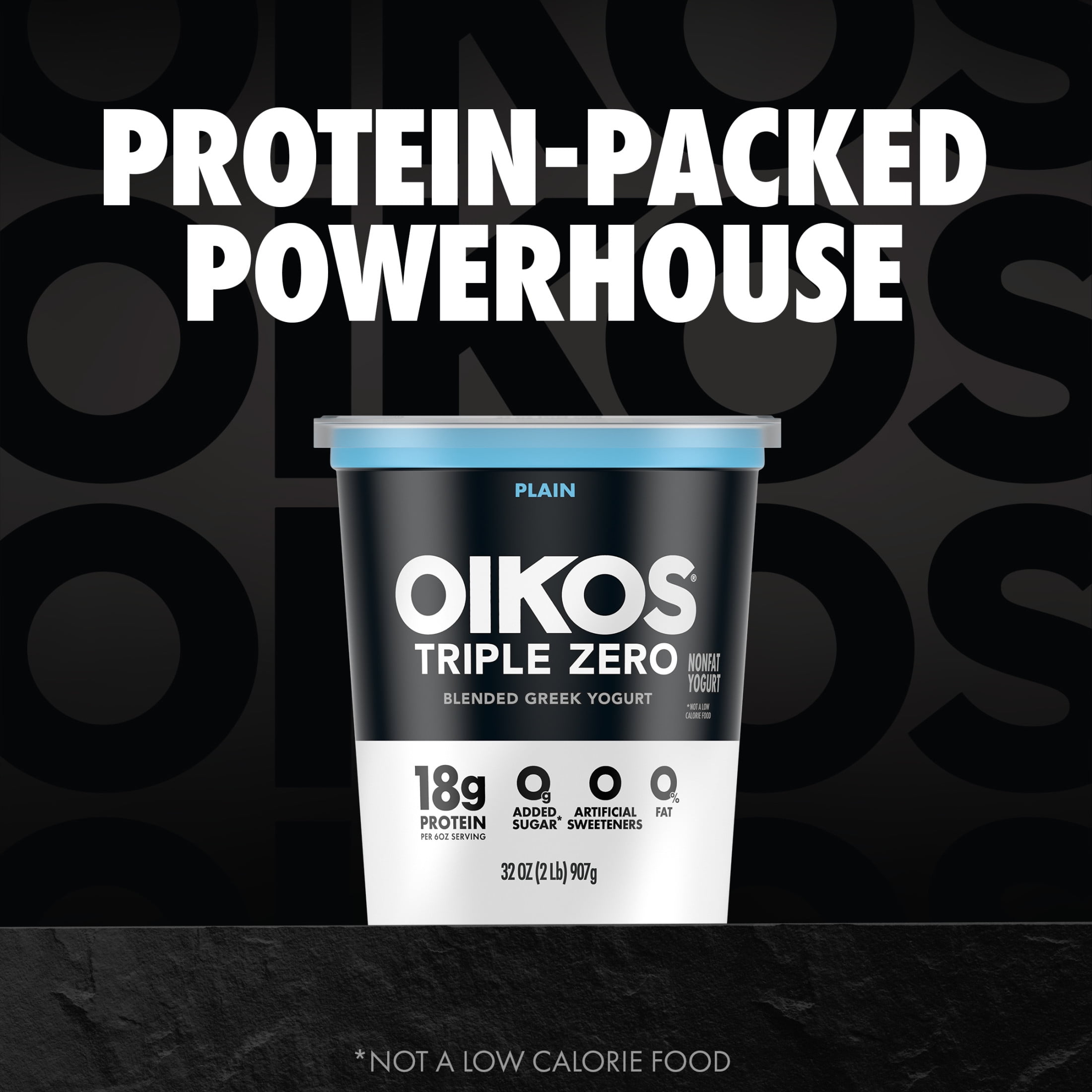 Oikos Triple Zero 18g Protein Plain Greek Yogurt, 100 Calories, 0g Added Sugar and 0 Artificial Sweeteners, Nonfat Yogurt, Great High Protein Snack, 32 oz Tub