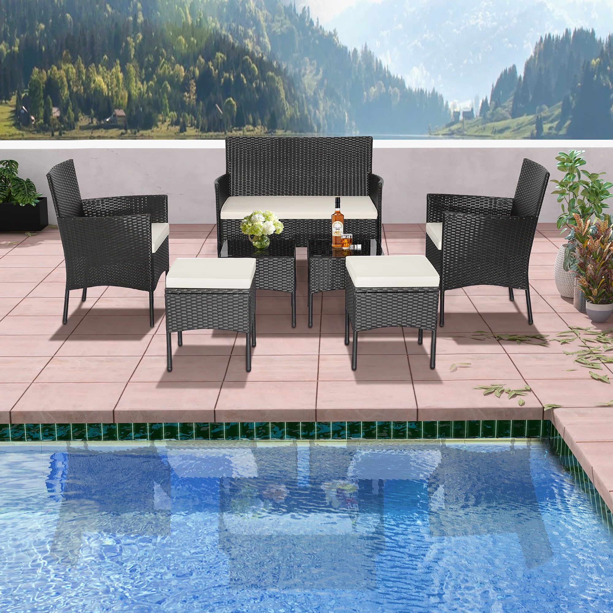 Costway 7pcs Patio Rattan Sofa Furniture Set Table Ottoman Metal