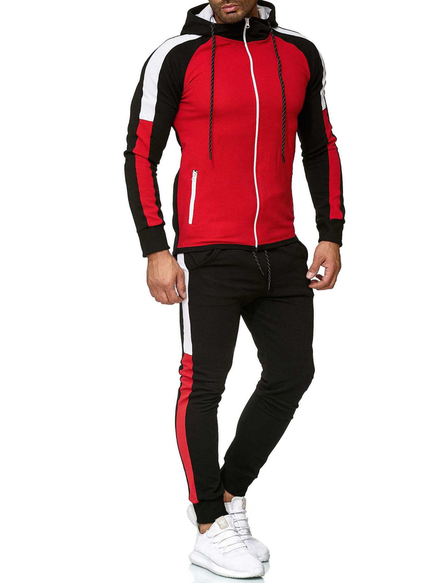 Mens Contrast Panel Hooded Fleece Sweatshirt Gym Pocket Sports Jog Tracksuit Set 
