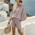 thumbnail image 2 of VBVC Women's 2 Piece V-Neck Batwing Sleeve Shorts Set, Ladies' Soft Breathable Top and Drawstring Shorts,Summer Loungewear For Women,Beige,S-2XL, 2 of 9