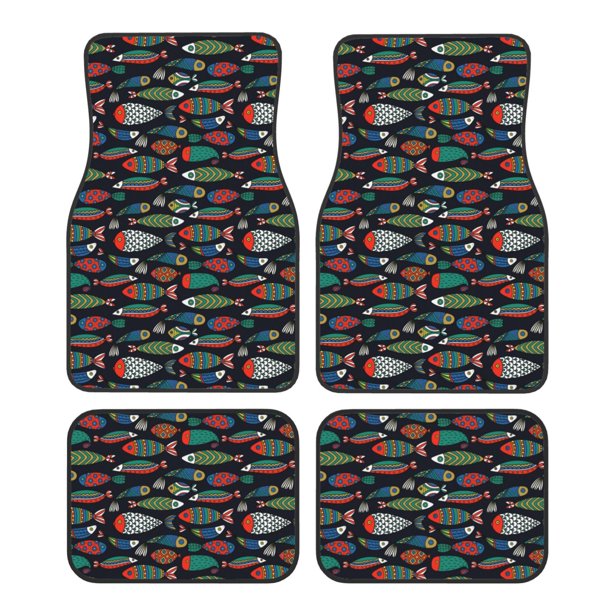 Fotbe Hand Drawn Colorful Fishes Juego de 4 Tapetes para Auto con Estampado – Alfombrillas de Goma Reforzada, Diseño Antideslizante, Protección para Todo el Año – Vehículos, Autos, Camionetas y SUVs