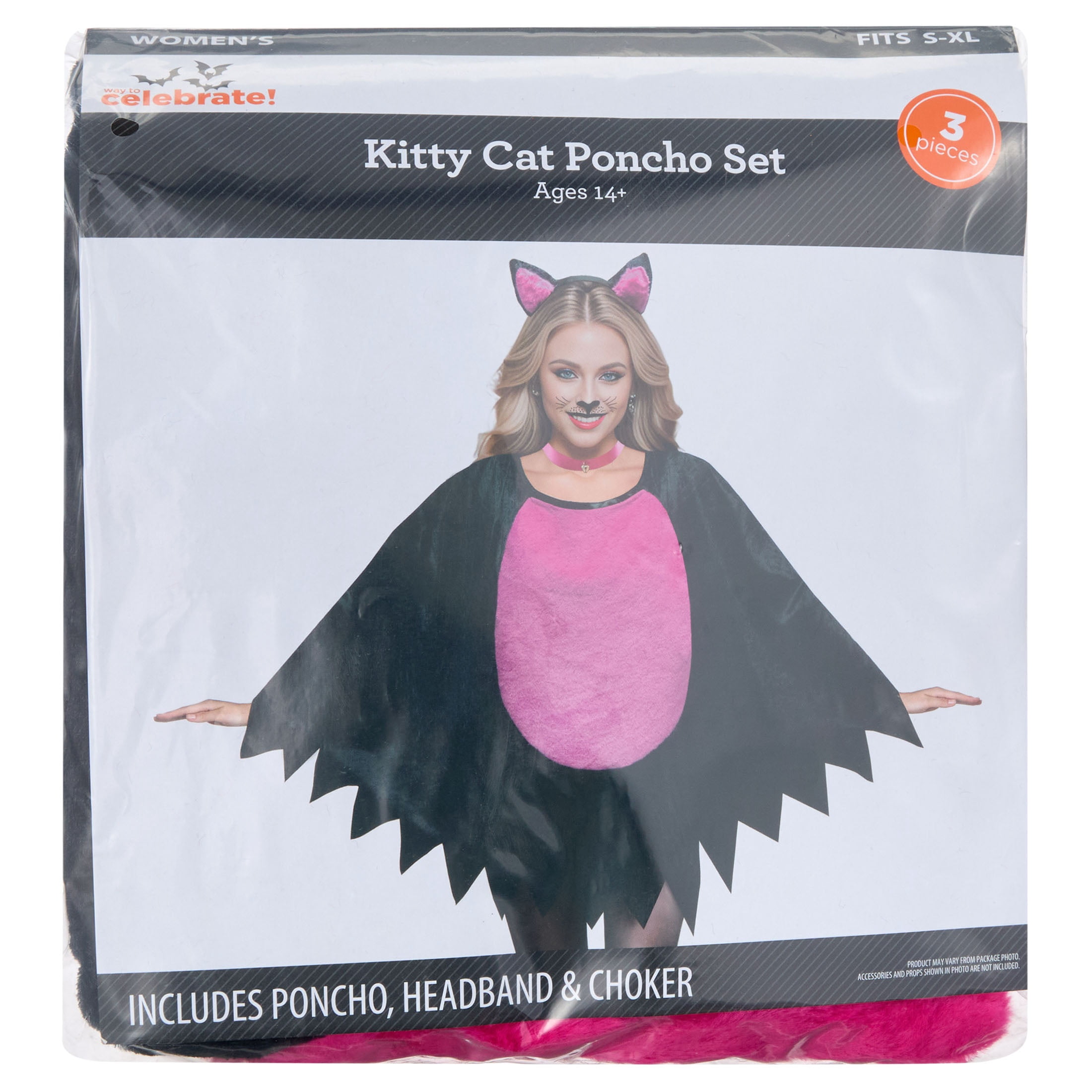 Kitty Cat Poncho Costume Accessory Set for Adults, Black and Pink, S-XL, 3 Pieces, Halloween by Way To Celebrate