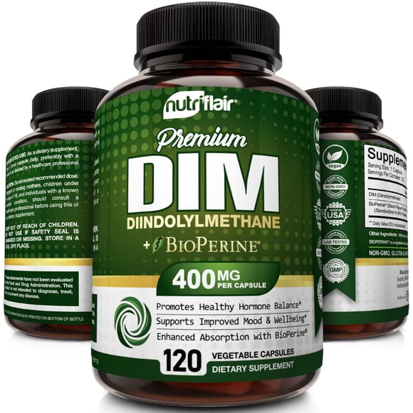Suplemento DIM 400 mg con Bioperina Diindolilmetano Apoyo al Metabolismo Acné 120 Cápsulas Veganas NutriFlair NF-5566754S