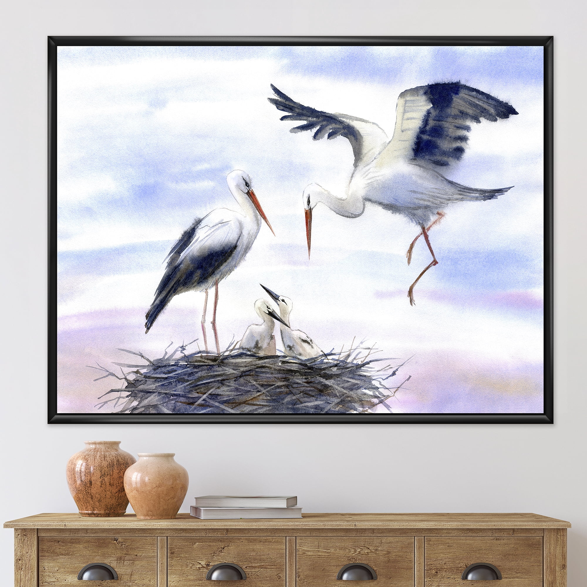 Designart 'Storks With Babies In The Nest' Farmhouse Framed Canvas Wall Art Print