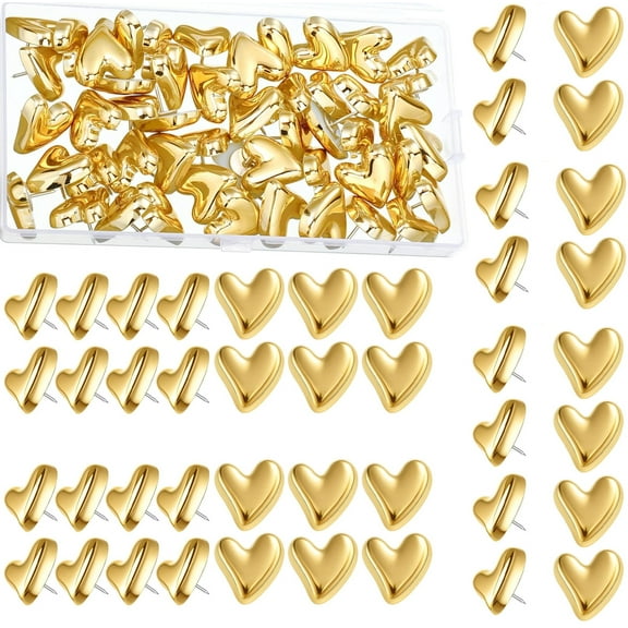 48Pcs Heart Decorative Push Pins,Bexikou Gold Cute Push Pins,Bulletin Board Push Pins,Thumb Push Pins for Cork Boards, Office Organisation or Home Decoration (Gold)
