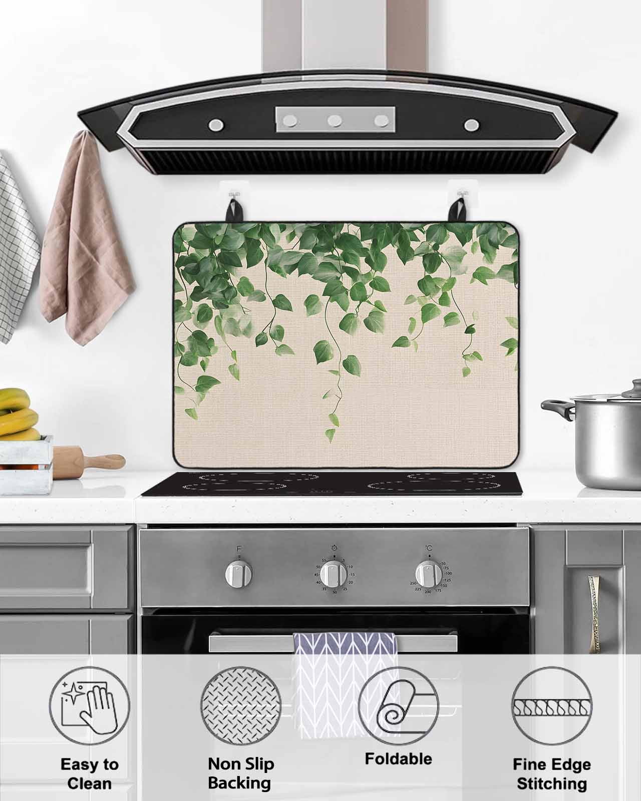 nqOlkjepod Large Induction Cooktop Protector Mat 24"x21", Botanical Leaves Stove Top Covers for Electric Stove, Spring Pastoral Summer Garden Plants Stove Burner Cover Mats, Glass Top Stove Cover