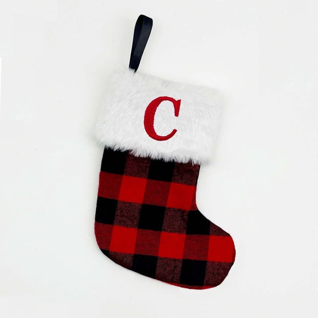 Fridja 8 Inches Mini Initial Monogram Embroidered Christmas Stocking Knitted Christmas Decorations Stocking Red, White, Black Knit Cute Christmas Stockings for Fireplace, Christmas Tree-C