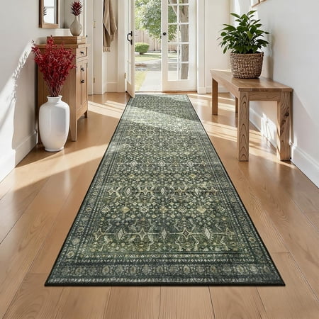 2X 6 Area Rug, Green Washable Runner Rugs for Hallways with Non Slip Rubber Backing, Low Pile Soft Carpet Runner for Kitchen Bathroom Bedroom Laundry