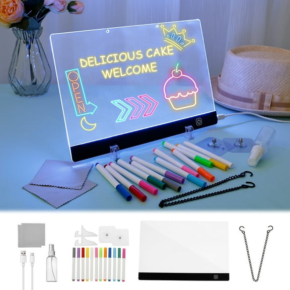 Ikoopy Transparent LED Acrylic Dry Erase Board for Desktop Decorative Erasable Acrylic Note Memo Board With Stand for Home Office