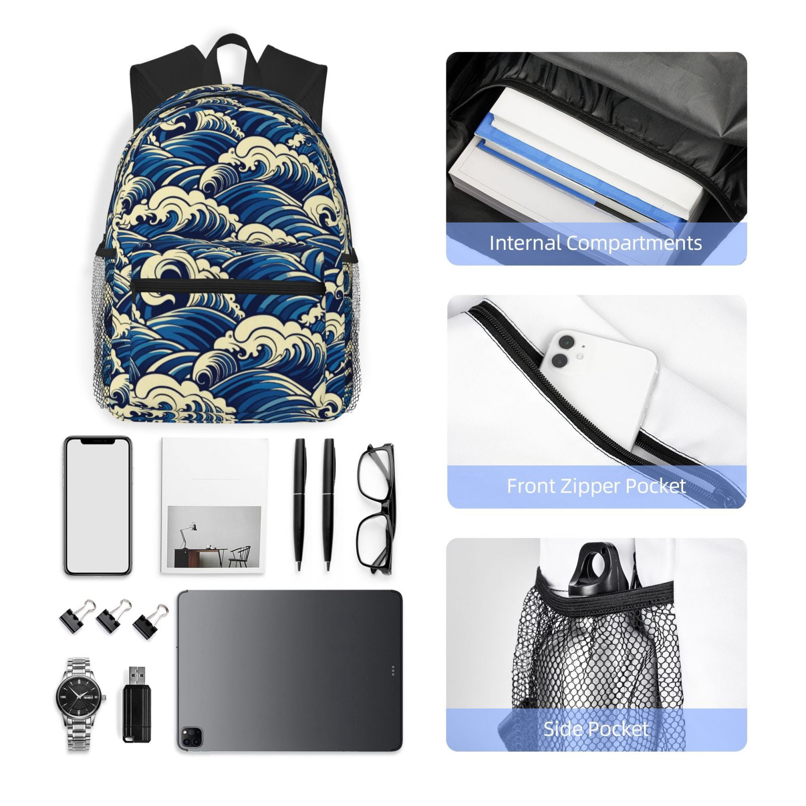 Fuzoiu Japanese Water Wave Print School Backpack for Teens,Large Bookbag,Lightweight Laptop Bag for Travel, Work, School & Outdoor Adventures